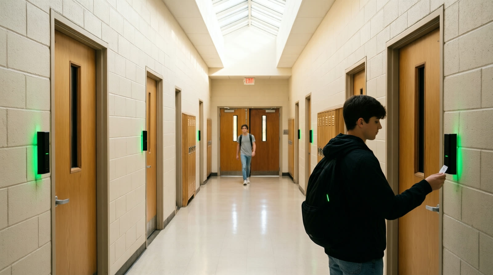 A school hallway with classroom doors spaced well apart, each with a narrow window and a slim reader on the wall, and a student tapping a badge