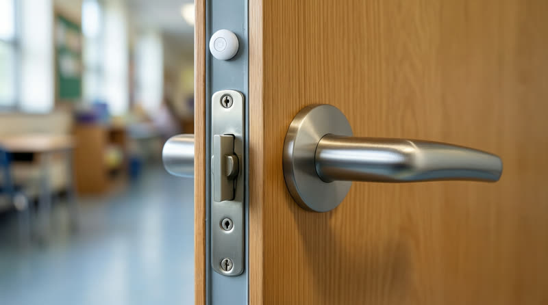 Close-up of a classroom door latch, lever and electric strike in the frame
