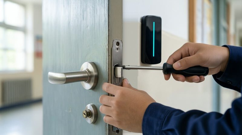 A technician fitting an electric strike into a classroom door frame