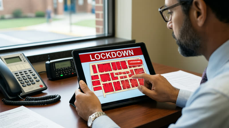 A police officer presenting a credential at a classroom door reader
