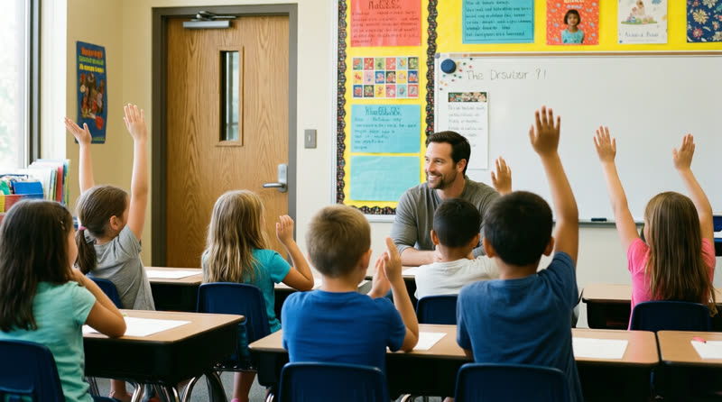 Students sitting calmly in a classroom corner during a lockdown drill while the teacher stands by the closed door
